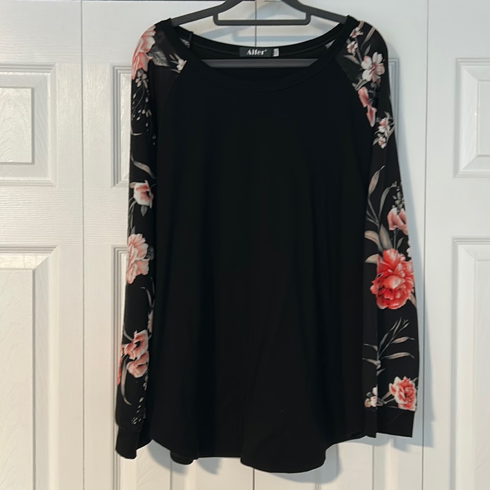 Aifer XXL black long sleeve tee with floral sleeves.